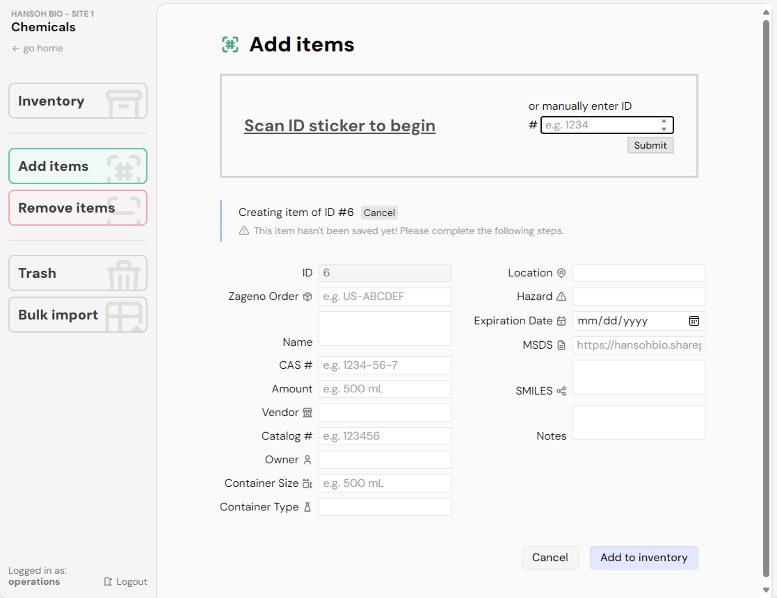 Interface for scanning in new items to the chemical inventory