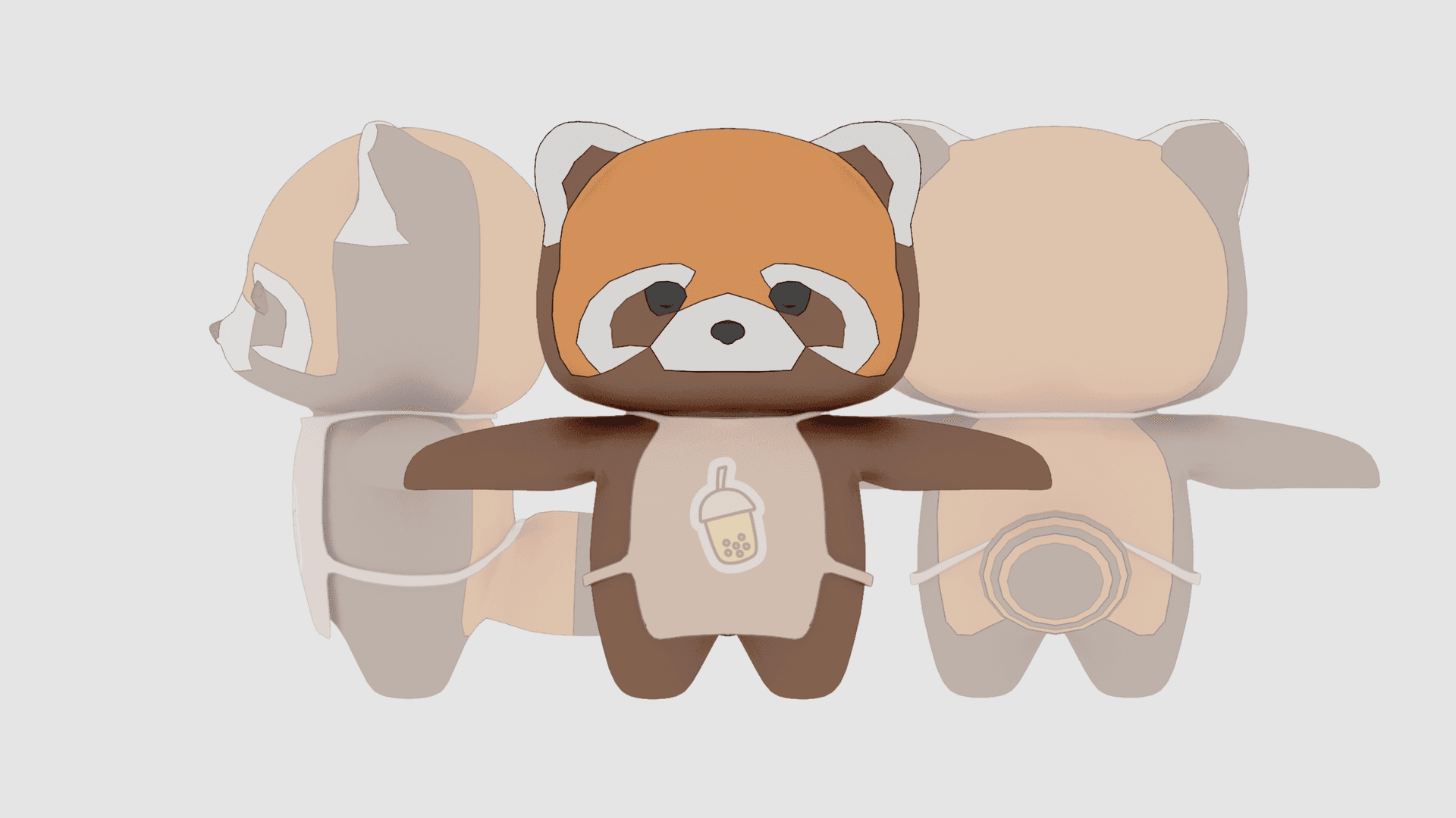 Front and side profiles of a 3D model of a red panda boba barista