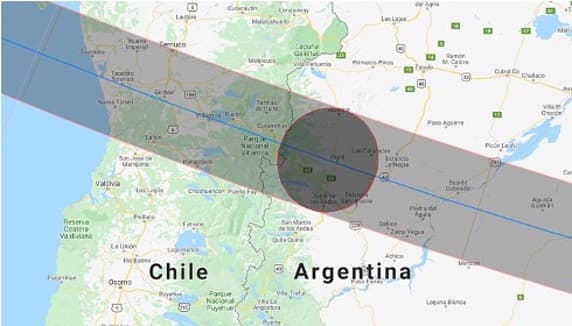 Eclipse path over Chile and Argentina on December 14, 2020